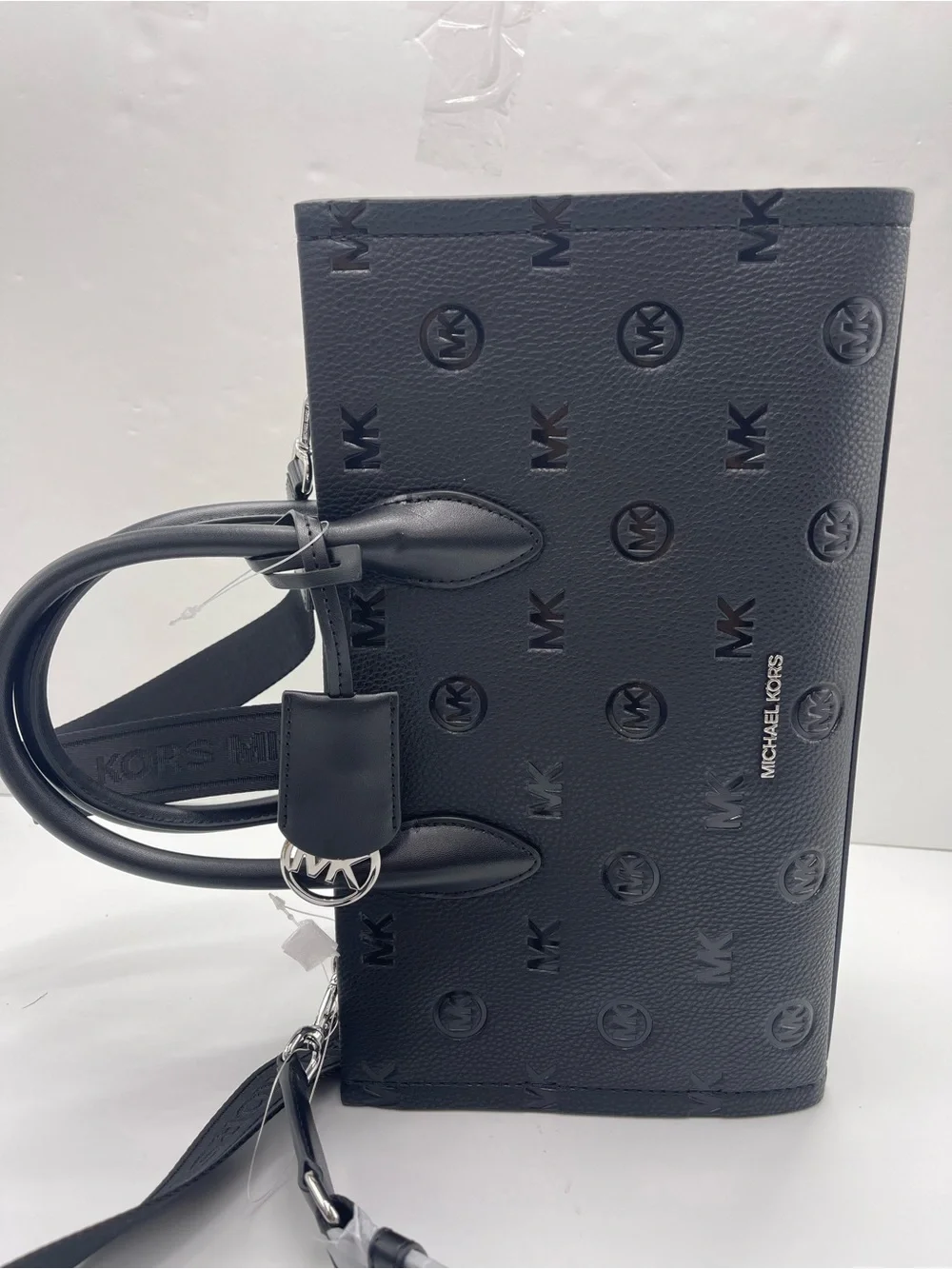 MICHAEL KORS Mirella Md EW Top Zip Logo Debossed Satchel Shoulder Tote Black NWT